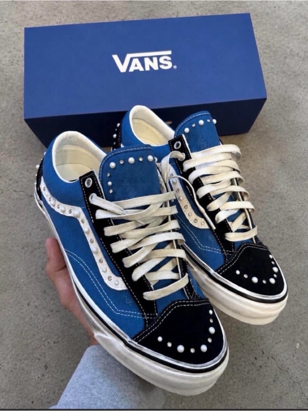 Pearlized Vans Blue, Black & Cream Studded Old Skool Sneakers
